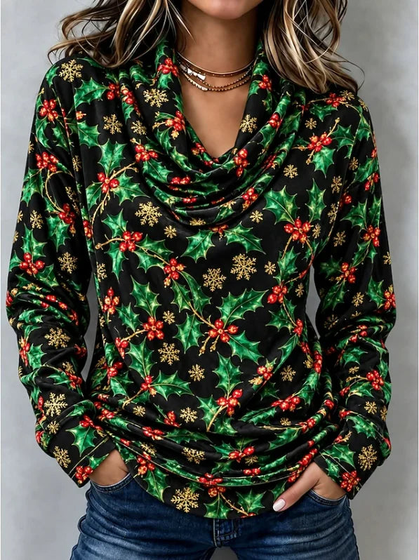 Women Christmas Vintage Blouse Halter Neck Long Sleeve Top
