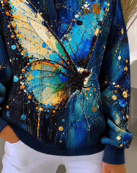 Casual Butterfly Henley Collar Long Sleeve Sweatshirt