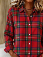 Women Plaid Casual Shirt Shirt Collar Long Sleeve Buckle Top