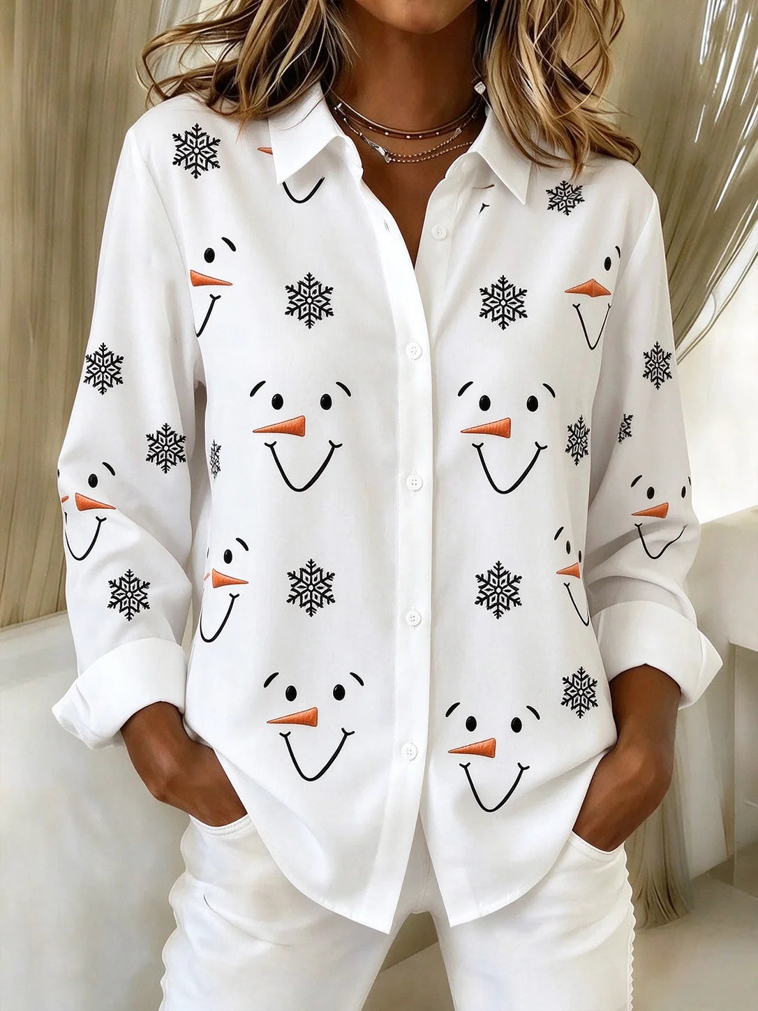 Women Christmas Snowman Casual Shirt Shirt Collar Long Sleeve Buckle Top