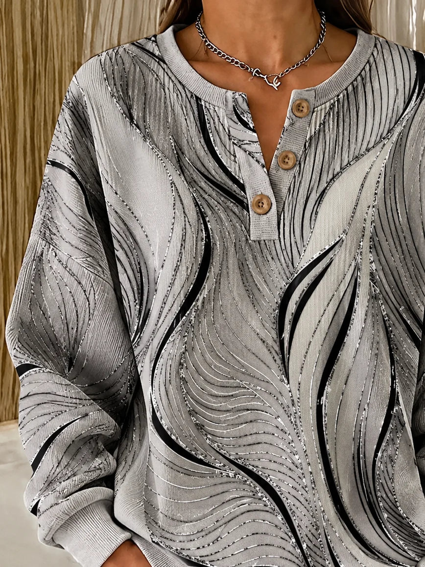 Vintage Abstract Henley Collar Chic Long Sleeve Sweatshirt
