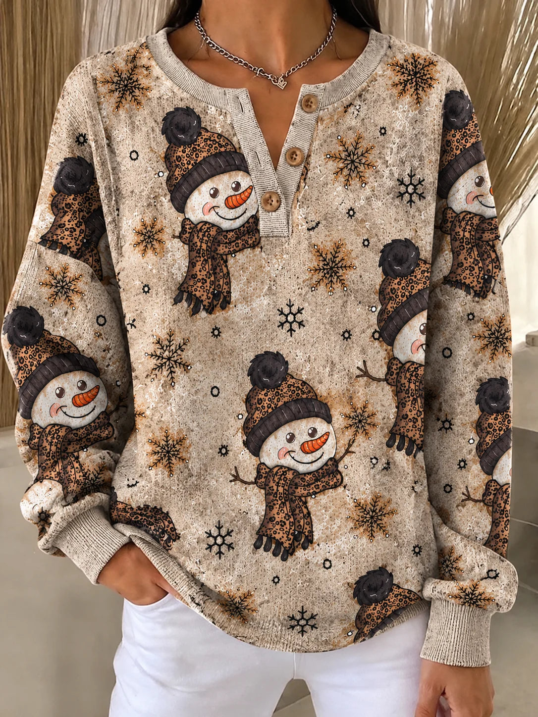 Vintage Christmas Snowman Festive Henley Collar Long Sleeve Sweatshirt
