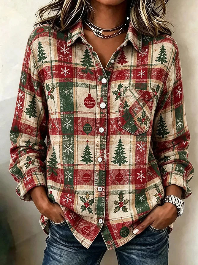 Women Plaid Vintage Shirt Shawl Collar Classic ong Sleeve Top