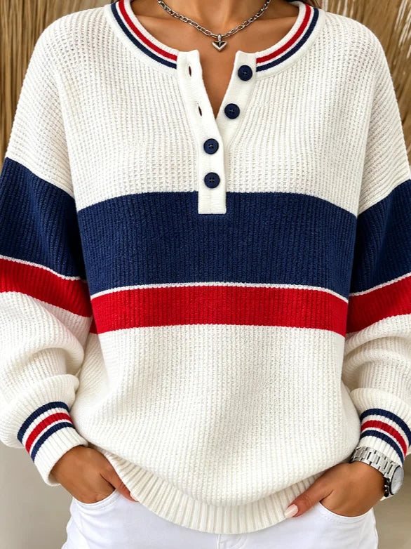 Casual Striped Color BlockHenley Collar Sporty Long Sleeve Sweatshirt