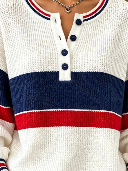 Casual Striped Color BlockHenley Collar Sporty Long Sleeve Sweatshirt