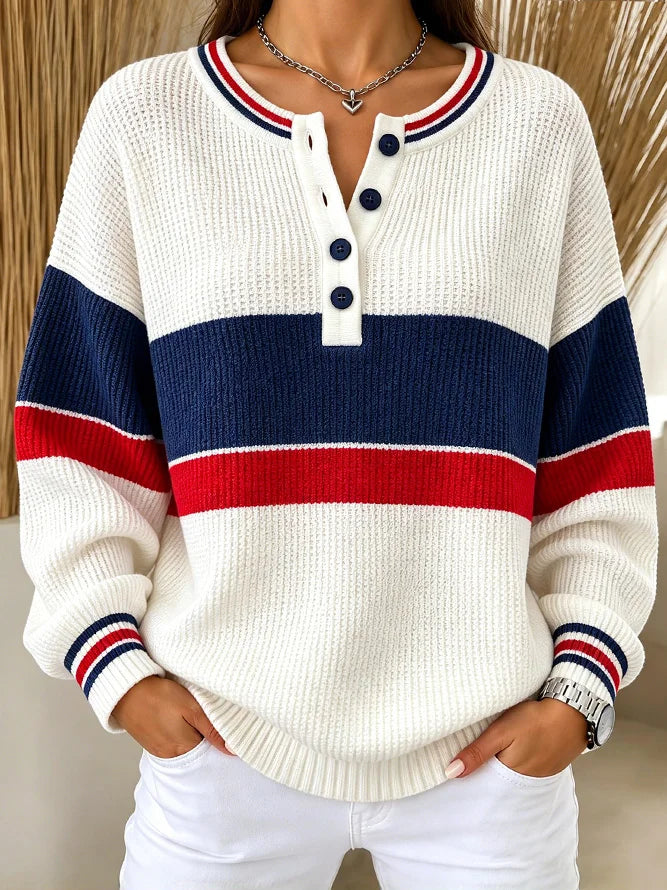 Casual Striped Color BlockHenley Collar Sporty Long Sleeve Sweatshirt