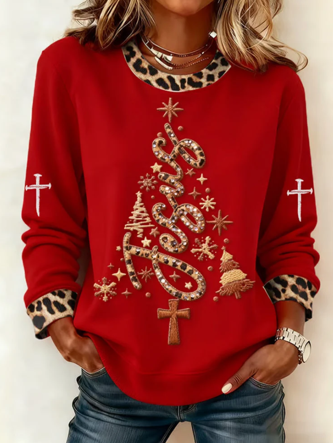 Women Casual Artistic Christmas Tree Leopard Print Sweatshirt