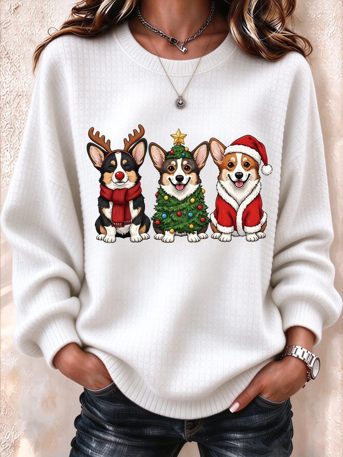 Casual Cartoon Dog Crew Neck Long Sleeve Sweatshirt