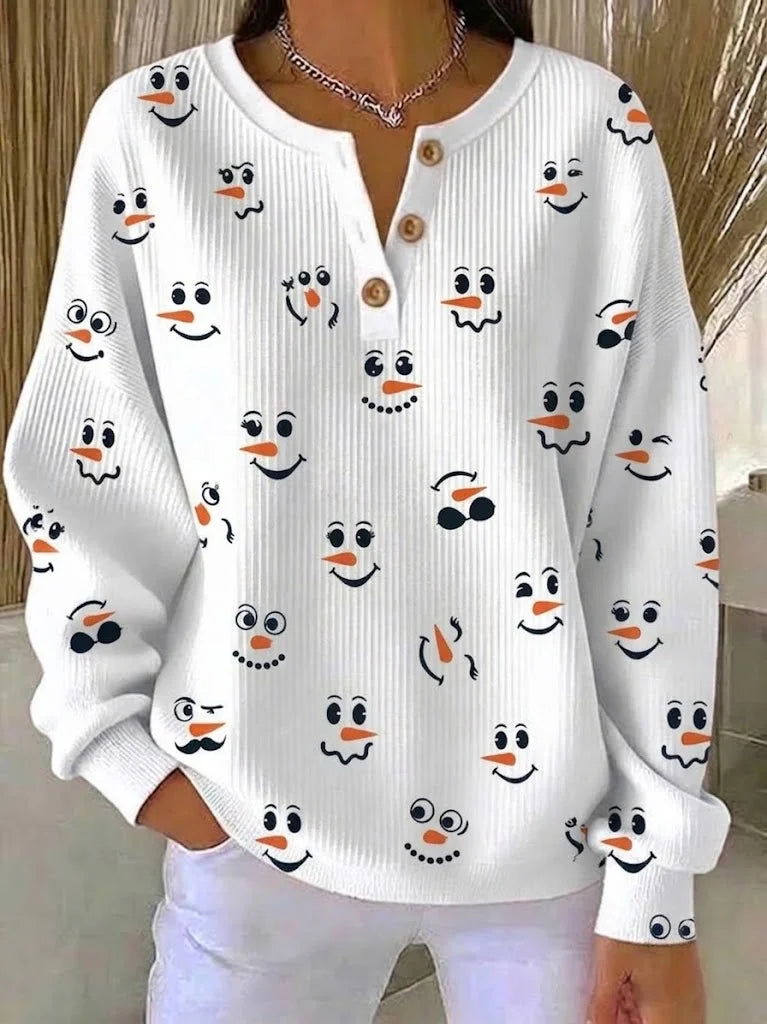 Casual Christmas Playful Snowman Henley Collar Long Sleeve Sweatshirt