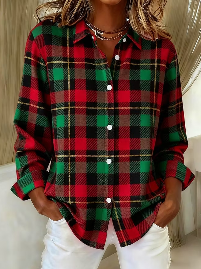 Women Christmas Plaid Button Casual Long Sleeve Shirt