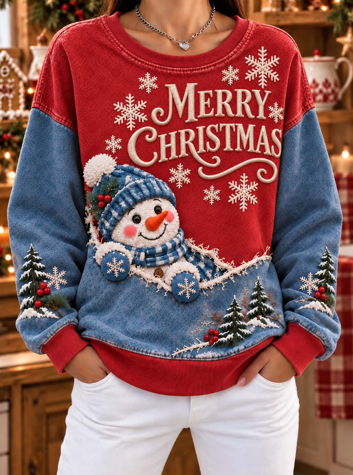 Merry Christmas Colorblock Snowman Peeking Winter Sweatshirt