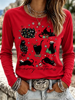 Simple Christmas Cat Crew Neck Casual Regular Fit T-Shirt