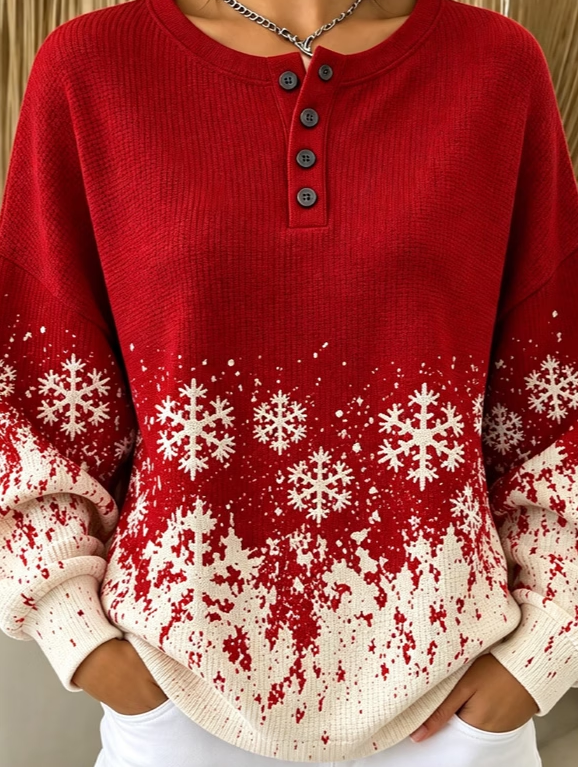 Women Christmas Elegant Henley Collar Casual Spring/Fall Long Sleeve Sweatshirt