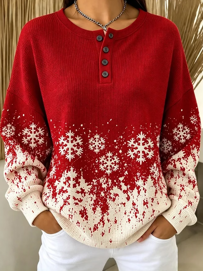 Women Christmas Elegant Henley Collar Casual Spring/Fall Long Sleeve Sweatshirt