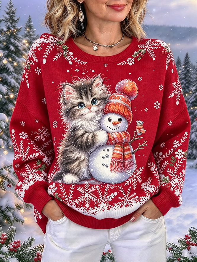 Women Casual Cute Christmas Cat And Snowman Waffle Sweatshirt