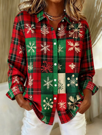 Women Retro Elegant Plaid Snowflake Long Sleeve Shirt