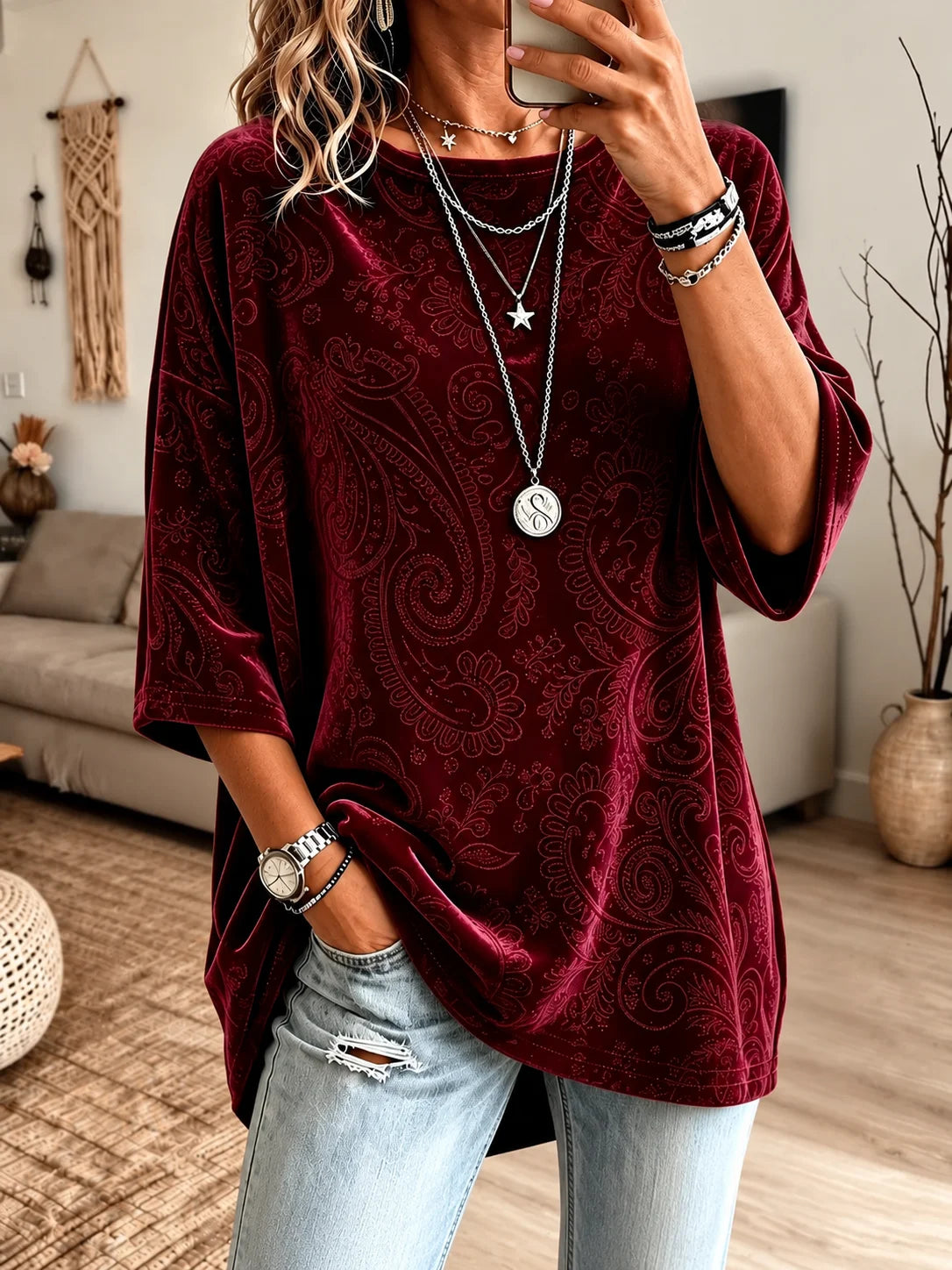 Casual Floral Crew Neck Three Quarter Sleeve T-shirt