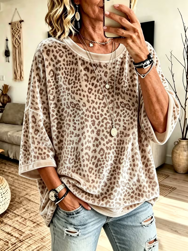 Casual Relaxed Abstract Crew Neck Three Quarter Sleeve T-shirt