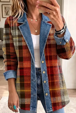 Retro Plaid Pattern Edgy Art Casual Denim Patchwork Stylish Long Sleeve Coat
