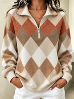Women Retro Geometric Stand Collar Casual Spring Fall Long Sleeve Sweatshirt