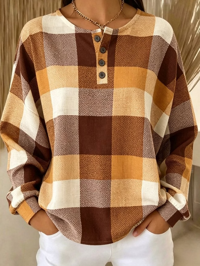 Women Plaid Henley Collar Vintage Long Sleeve Sweatshirt