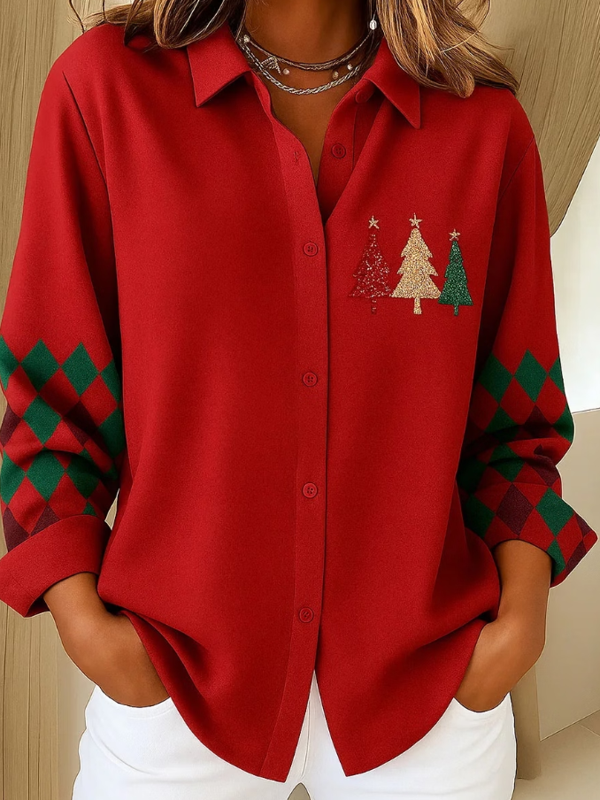Women Christmas Tree Print Button Plaid Long Sleeve Shirt