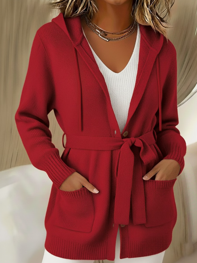 Chic Women Belted Hooded Cardigan