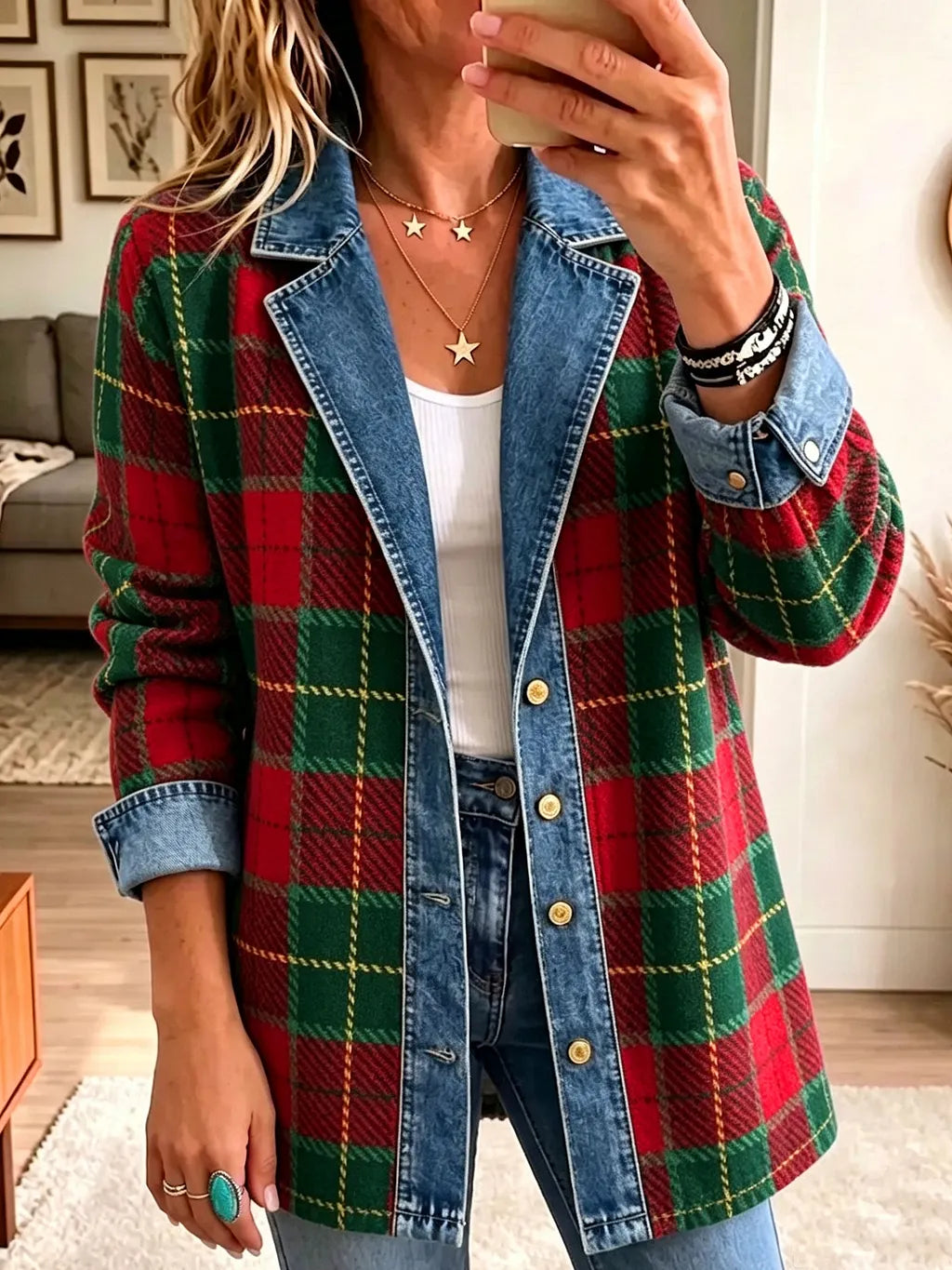 Edgy Women Lapel Button Down Casual Plaid Denim Spliced Blazer Jacket Outerwear