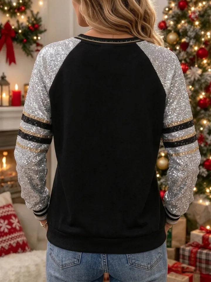 Sparkly Women's Sequin Raglan Sleeve Print Christmas Tree Sweatshirt