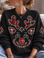 Retro Women's Christmas Reindeer Knit Jacquard Crew Neck Sweater
