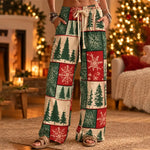 Comfy Women's Christmas Snowflake Pine Tree Colorblock Loose Pants