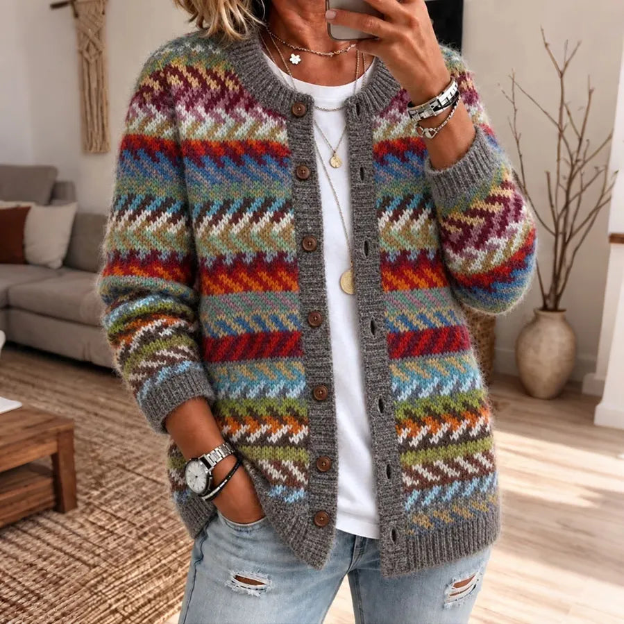 Artistic Women's Retro Colorful Striped Art Print Knit Button Cardigan