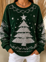 Women Elegant Christmas Star Tree Snowflake Crew Neck Casual Sweatshirt