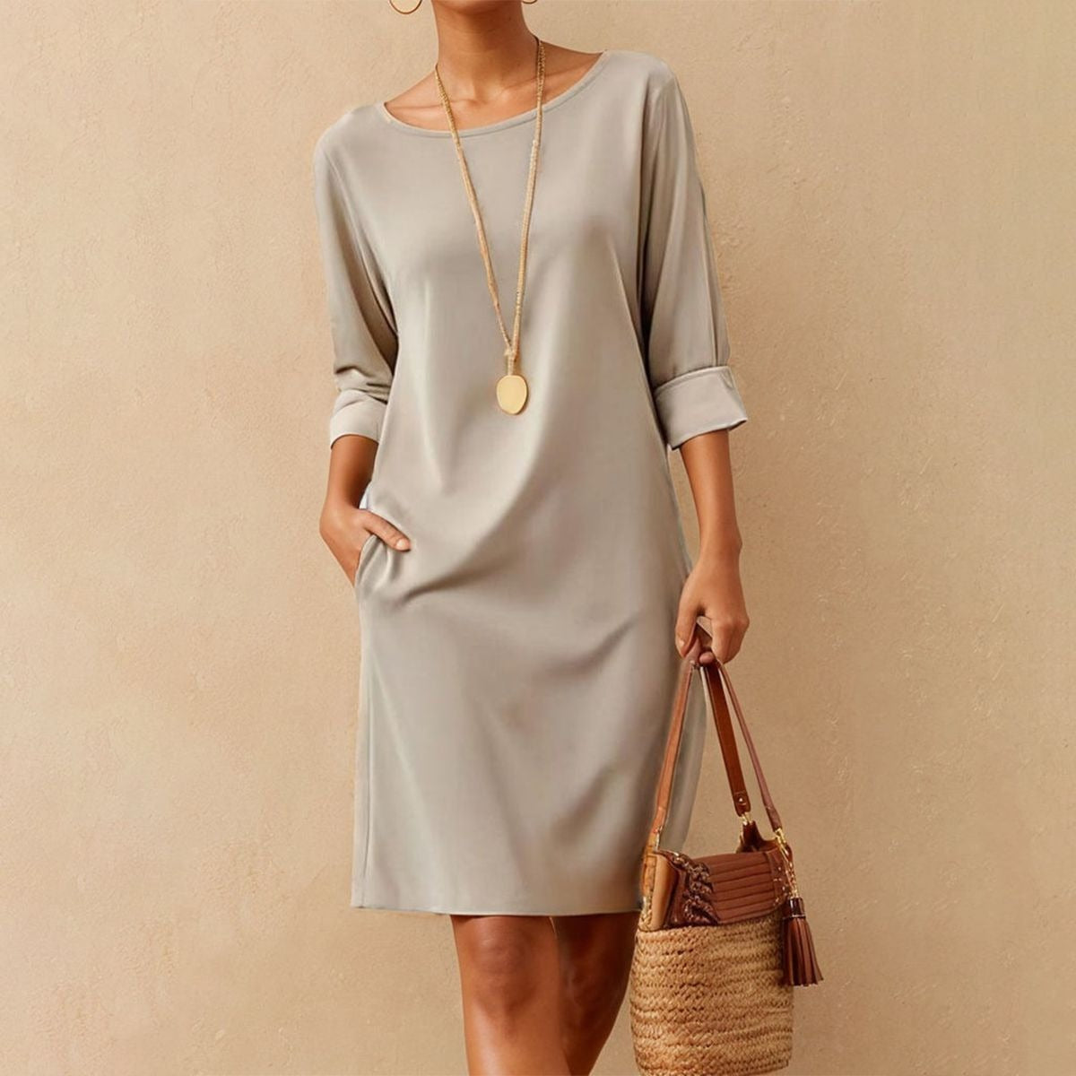 Modern Scoop Neck Plain 3/4 Sleeves Mini Dress