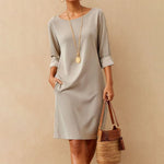Modern Scoop Neck Plain 3/4 Sleeves Mini Dress