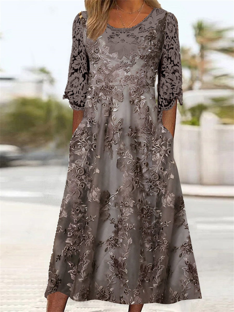 Lace Round Neck 3/4 Sleeves Stitching Midi Dress