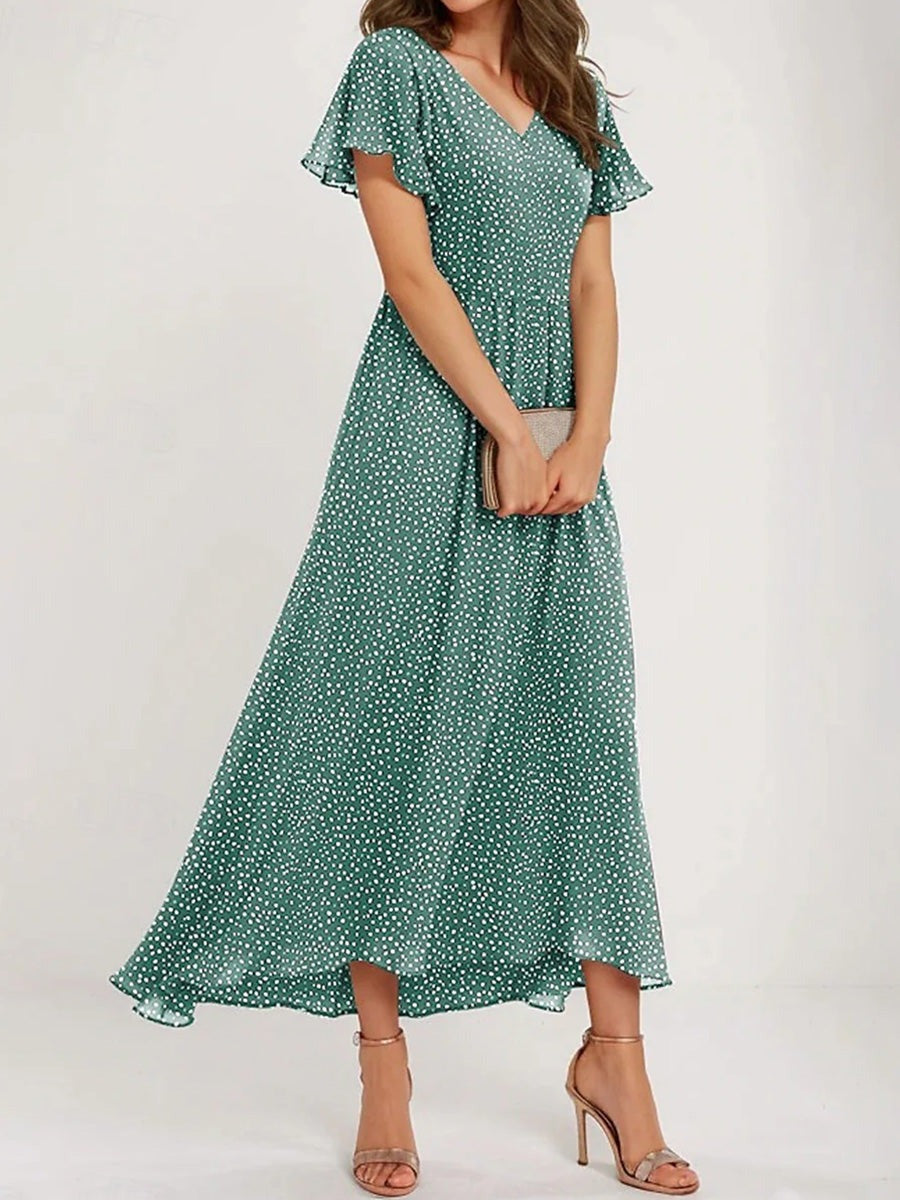 Green Polka Dot V-neck Short Sleeve Comfy Maxi Dress