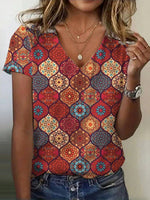 Ethnic V-neck Short Sleeves Loose T-shirt