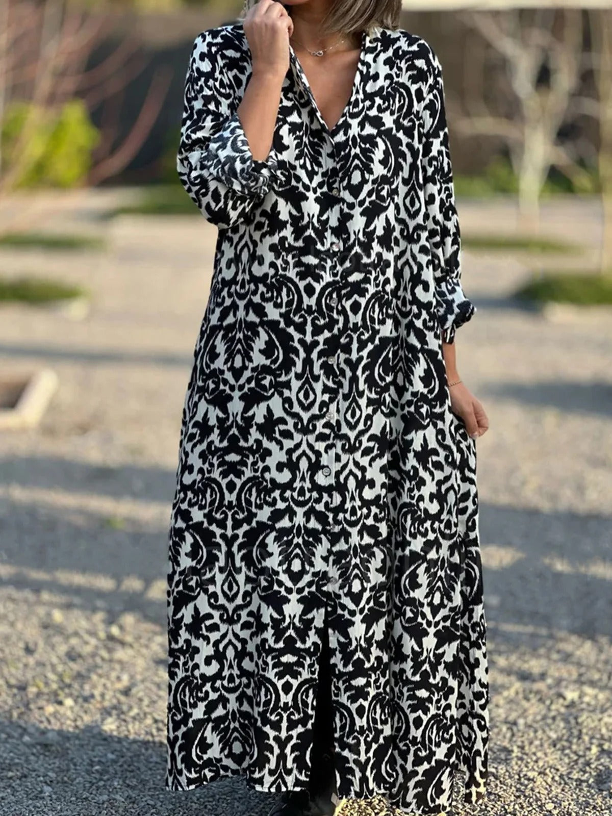 Ethnic Shirt Collar 3/4 Sleeves Comfy Maxi Dress