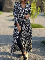 Ethnic Shirt Collar 3/4 Sleeves Comfy Maxi Dress