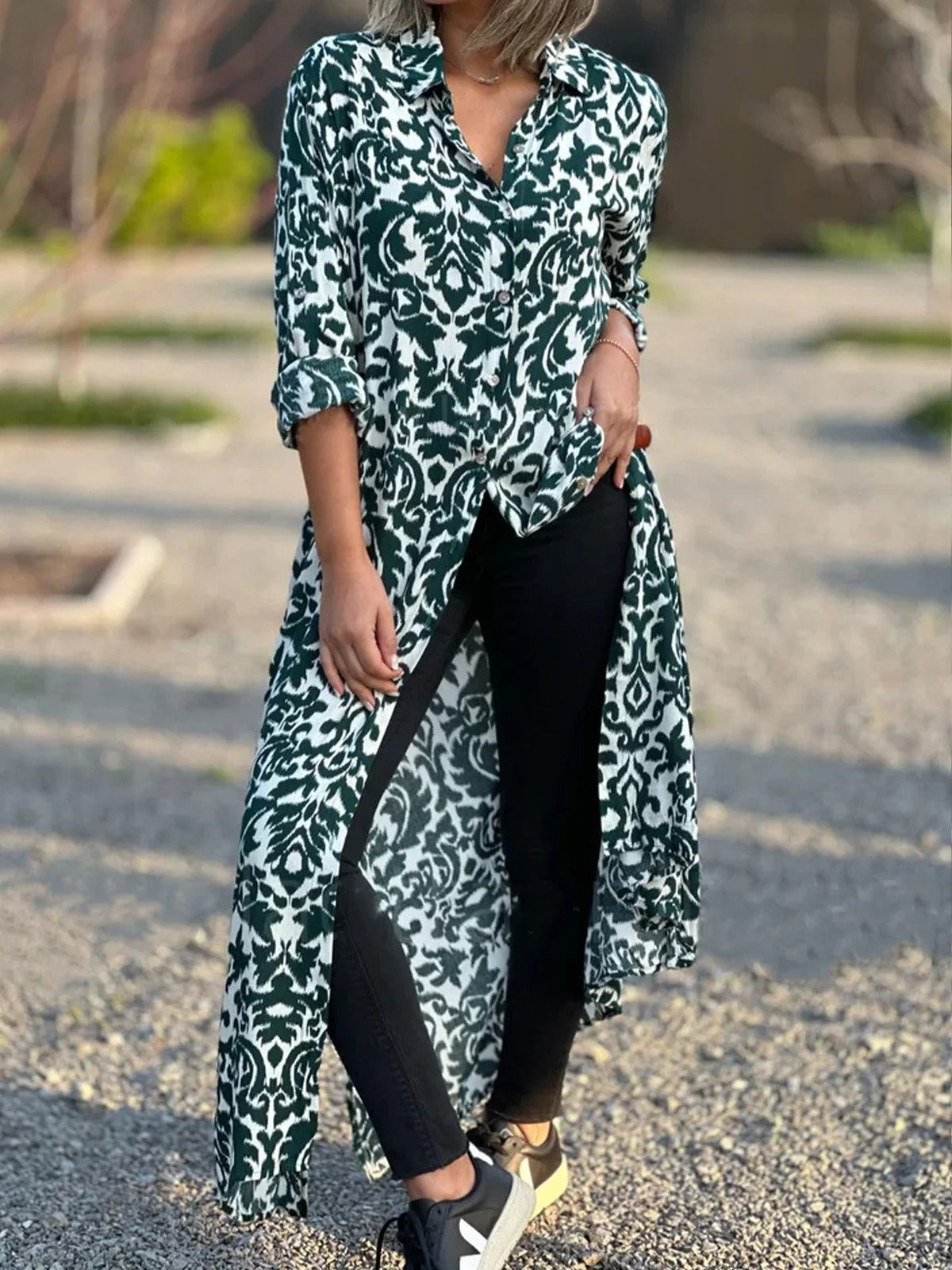 Ethnic Shirt Collar 3/4 Sleeves Comfy Maxi Dress