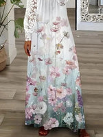 Maxikleid mit floraler Spitze, V-Ausschnitt, langen Ärmeln und lockerem Schnitt