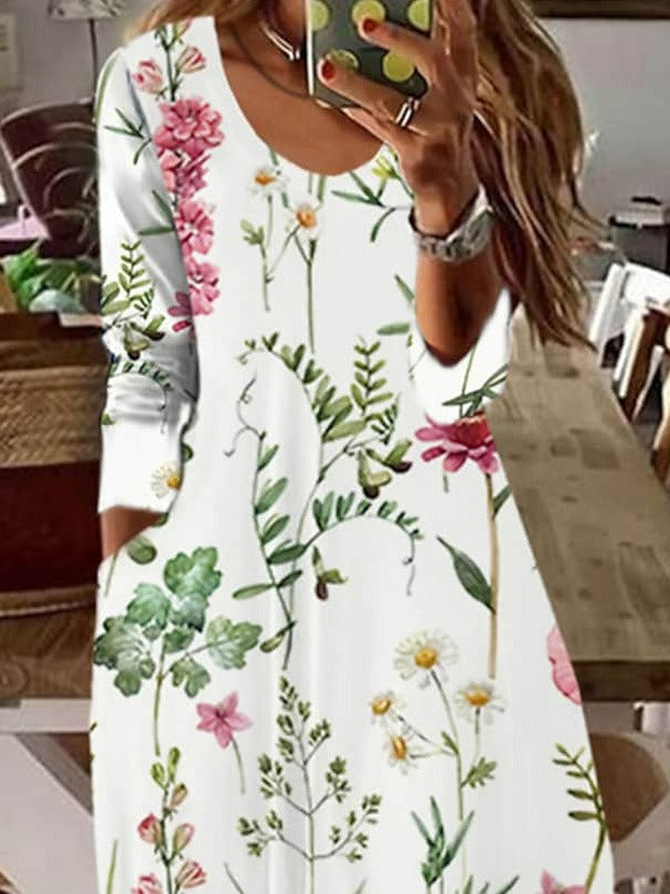 Floral V-neck Long Sleeve Comfy Maxi Dress