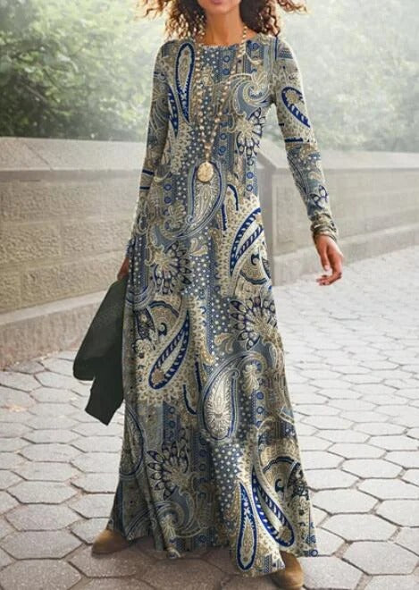 Vintage Paisley Crew Neck Long Sleeve A-line Lightweight Maxi Dress