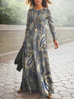Vintage Paisley Crew Neck Long Sleeve A-line Lightweight Maxi Dress