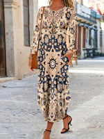 Vintage Ethnic Crew Neck Long Sleeve Lightweight Autumn Loose Maxi Dress