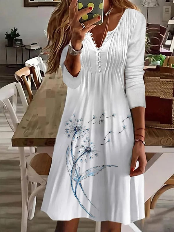 White Dandelion Print V Neck Long Sleeve A-line Lightweight Casual Midi Dress