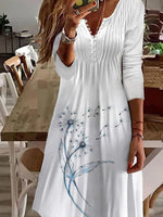 White Dandelion Print V Neck Long Sleeve A-line Lightweight Casual Midi Dress