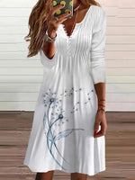 White Dandelion Print V Neck Long Sleeve A-line Lightweight Casual Midi Dress