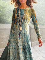 Vintage Abstract Print Crew Neck Long Sleeve Lightweight Micro-elasticity Loose Maxi Dress
